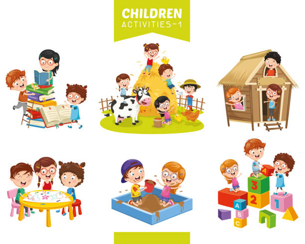 ilustraciones, imágenes clip art, dibujos animados e iconos de stock de ilustración de vector de conjunto de las actividades de los niños - school farm