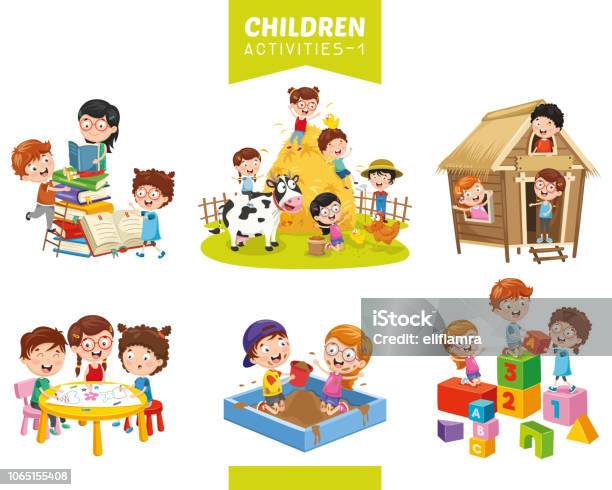 Vector Illustration Of Children Activities Set Stock Illustration - Download Image Now - Child, Preschool, Playing