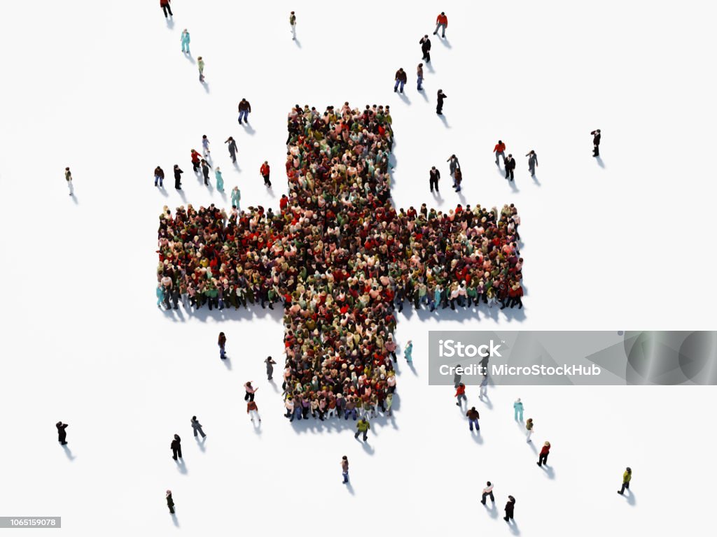 Human Crowd Forming Plus Sign Human crowd forming plus sign on white background. Horizontal  composition with copy space. Directly above. Clipping path is included. Plus Sign Stock Photo