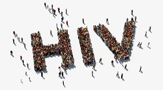 Human crowd forming a HIV text on white background. Horizontal  composition with copy space. Directly above. Clipping path is included. HIV awareness concept.