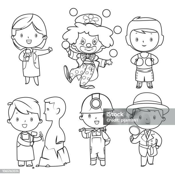 Coloring Book Professions Kids Set Stock Illustration - Download Image Now - Coloring, Journalist, Boys