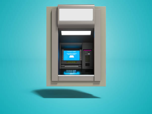 istock Modern ATM included with blue screen 3d render on blue background with shadow 1065166154