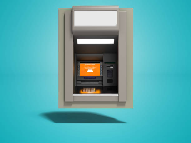 istock Modern ATM included with orange screen 3d render on blue background with shadow 1065166212