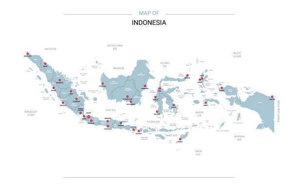 ilustraciones, imágenes clip art, dibujos animados e iconos de stock de vector de mapa de indonesia con el perno rojo. - indonesia