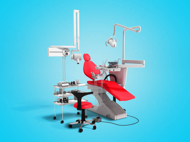 istock Modern red dental equipment for dental treatment 3d render on blue background with shadow 1065170302