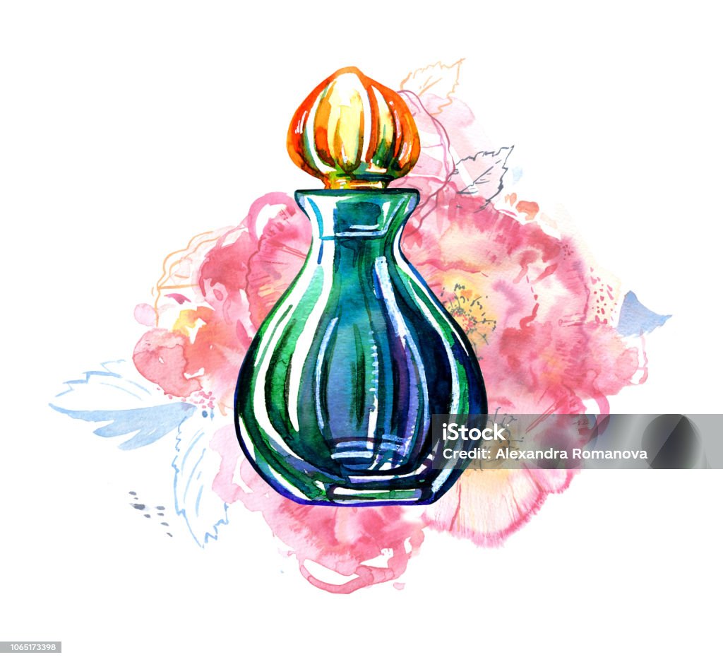Green women perfume bottle with roses on background. Hand drawn stylized watercolor illustration Green women perfume bottle with roses on background. Hand drawn stylized watercolor illustration on white background Drawing - Activity stock illustration