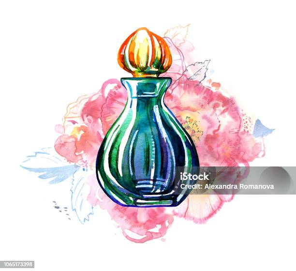 Green Women Perfume Bottle With Roses On Background Hand Drawn Stylized Watercolor Illustration Stock Illustration - Download Image Now