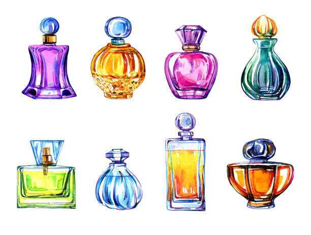 別の女性の様式化された描画の水彩セットを手香水瓶の分離 - retro revival perfume sprayer perfume women点のイラスト素材／クリップアート素材／マンガ素材／アイコン素材