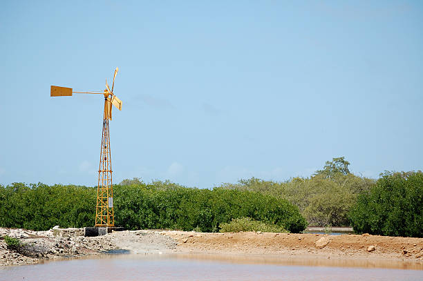 Yellow windmill on horizontal landscape stock photo