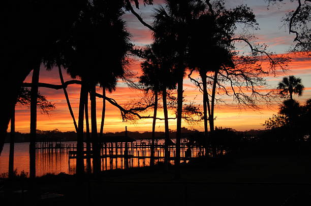 Halifax River docks at sunrise stock photo