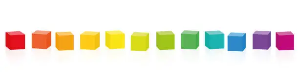 Vector illustration of Colorful cubes. Set of 14 rainbow colored cubes in a row. Isolated vector illustration on white background.