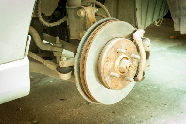 istock Car disc brake showing rotor and brake caliper, Car service. 1065183642