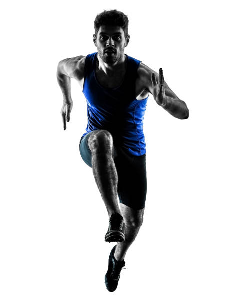 бегун спринтер работает спринтерская легкая атлетика человек силуэт изола - male sportsman front view vertical стоковые фото и изображения
