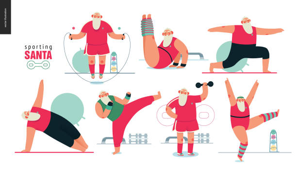 illustrations, cliparts, dessins animés et icônes de santa - exercices de gym de sport - santa claus illustrations