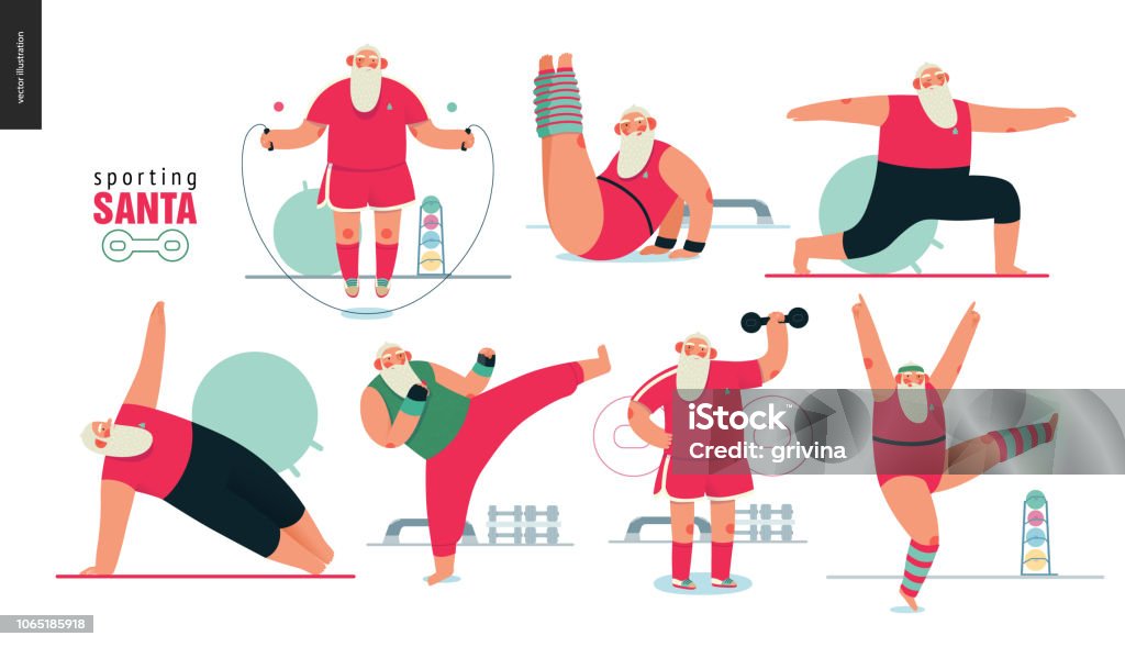 Sporting Santa - gym exercises Sporting Santa - gym exercises - modern flat vector concept illustration set of cheerful Santa Claus doing aerobic and fitness exercises in the gym, wearing red sport uniform, xmas fitness activity Exercising stock vector