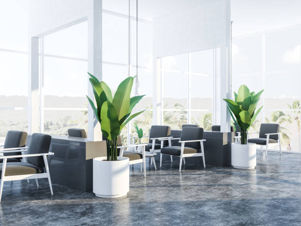 istock Gray armchairs restaurant interior, mountain view 1065191360
