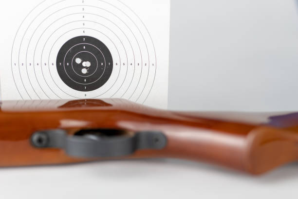 istock Shield and pneumatic weapon on a white table. Accessories for sport shooting at the shooting range. Light background. 1065193452