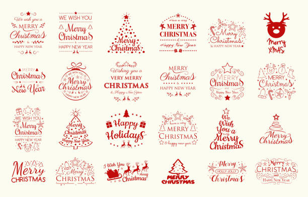 ilustraciones, imágenes clip art, dibujos animados e iconos de stock de conjunto con decoraciones de navidad y saludos. vector. - merry xmas