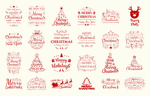 Set with Christmas decorations and greetings. Vector.