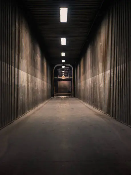 Photo of Empty hallway in a factory with neon lights shining