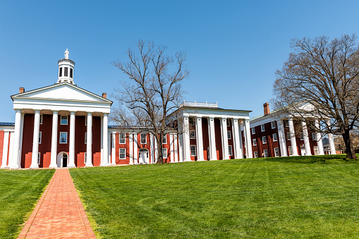 Lexington, USA - April 18, 2018: Washington and Lee University hall in Virginia exterior facade during sunny day exterior orange brick architecture