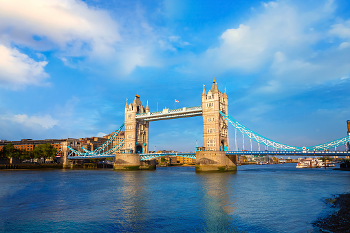 Tower Bridge that crosses River Thames in London, UK
