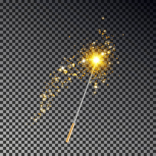 zauberstab-vektor. transparente wunder stick mit licht heck leuchten gelb auf dunklem hintergrund isoliert - religious celebration flash stock-grafiken, -clipart, -cartoons und -symbole