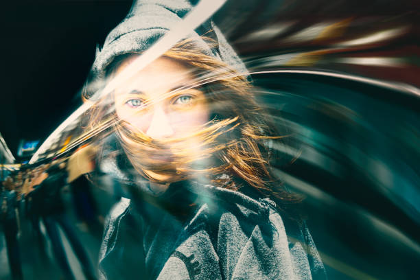 Double exposure, beautiful girl and cityscape. Creative concept - city life.