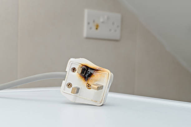 Burned ac Power Plugs and Sockets Burned 250V uk style socket and converter. Improper use of AC Power Plugs and Sockets cause of short circuit and fires at home incomplete stock pictures, royalty-free photos & images