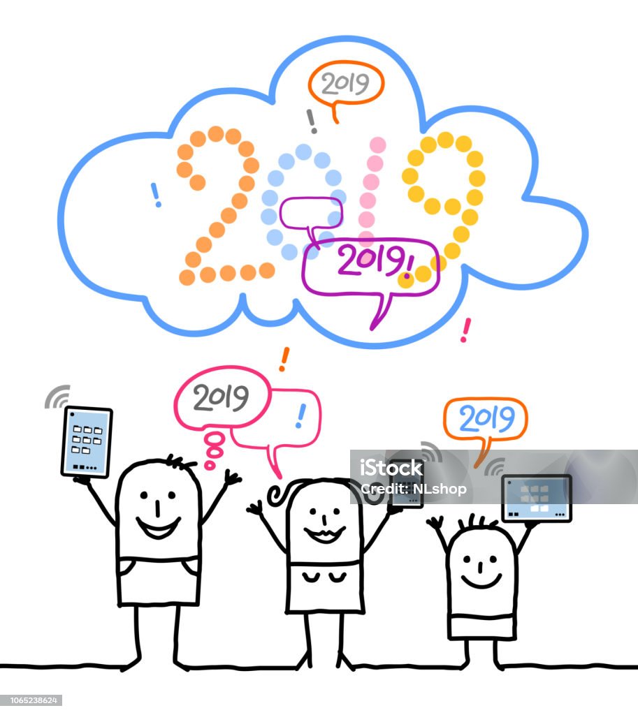 Cartoon Family and Social Network with 2019 Cloud 2019 stock vector