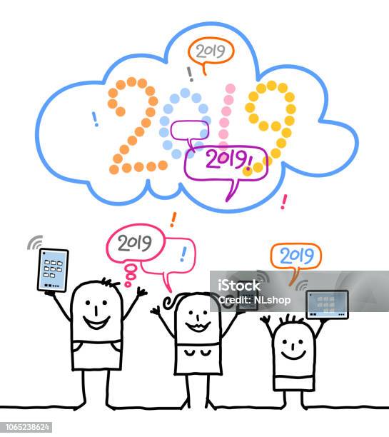 Cartoon Family And Social Network With 2019 Cloud Stock Illustration - Download Image Now - 2019, Adult, Black Color