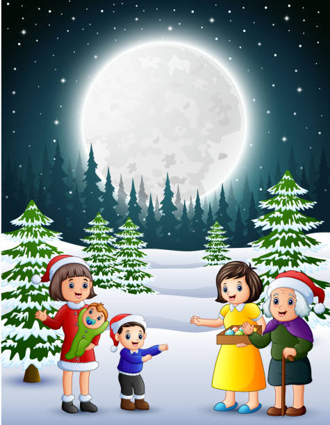 istock Happy familly in the snowy garden at night 1065271736