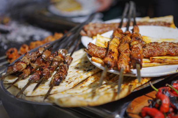 Shish kebab is a popular meal of skewered and grilled cubes of meat.