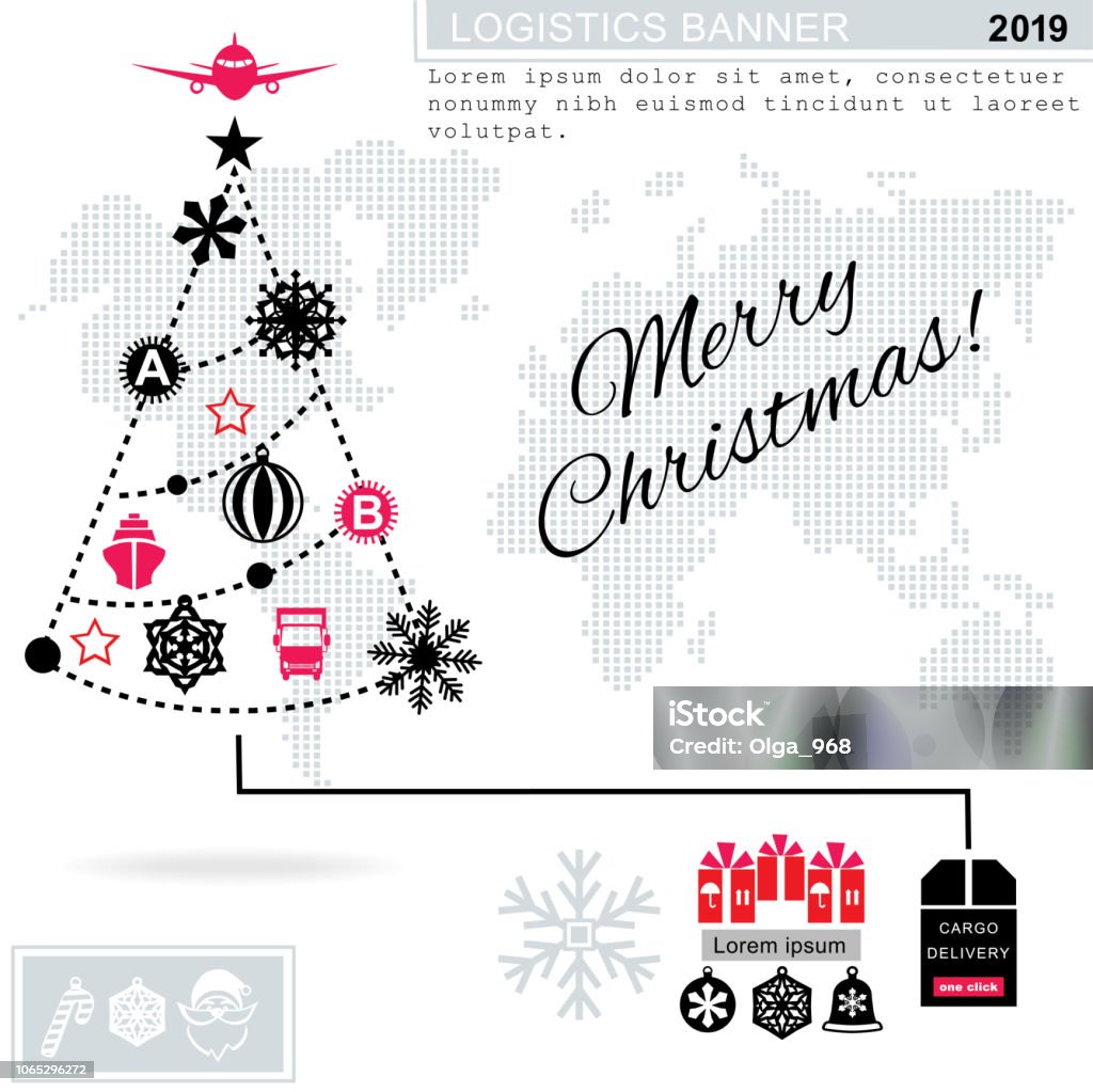 Pathway in the shape of christmas tree on white background. Red black grey christmas logistics icons on the white background. Technology background. Christmas logistics card. Schematic christmas tree on schematic world map. Red black flat icons on white grey background. Christmas stock vector