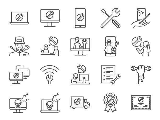 illustrations, cliparts, dessins animés et icônes de il supporte le jeu d’icônes. inclus les icônes comme support technique, technicien, ordinateur cassé, mobiles, technique de dépannage, services sur place et plus. - technicien