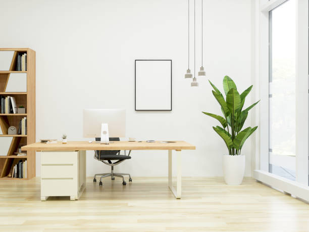 interior de escritório moderno, com tela em branco do quadro apresentando - desk office home interior house - fotografias e filmes do acervo