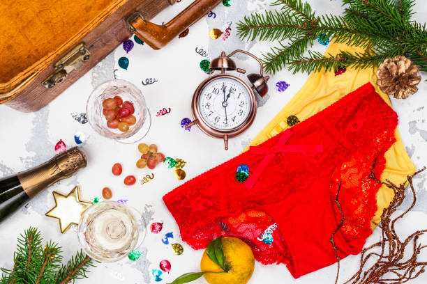 Spanish New Year traditions Spanish speaking countries New Year traditions. Funny rituals in Spain, Mexico, Venezuela, Chili and Argentina. Top view ceremony stock pictures, royalty-free photos & images