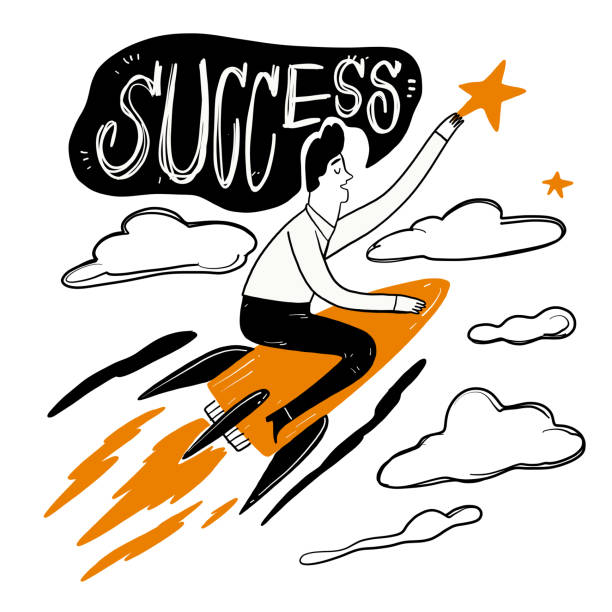 Man riding a rocket through the clouds at speed to grab the stars. Man riding a rocket through the clouds at speed to grab the stars, metaphor leadership solutions corporate of success. Vector Illustration doodle style through stock illustrations