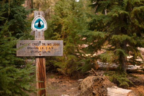 Pacific Crest Trail sign in Oregon Cascades Wilderness stock photo