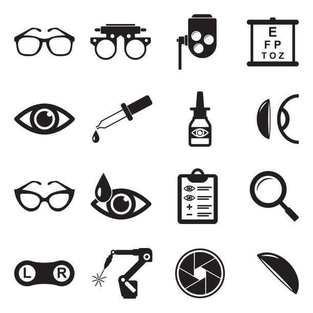ilustraciones, imágenes clip art, dibujos animados e iconos de stock de iconos de la optometría. diseño plano negro. ilustración de vector. - instrumento óptico