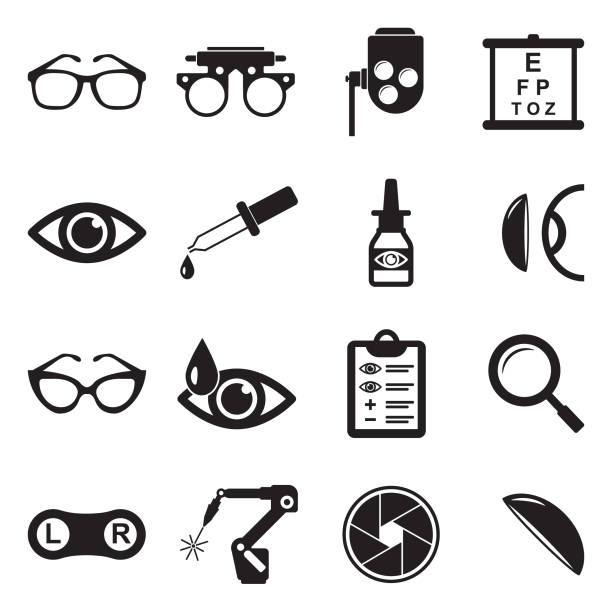 optometry 아이콘입니다. 블랙 플랫 디자인입니다. 벡터 일러스트입니다. - human eye eyesight optometrist lens stock illustrations