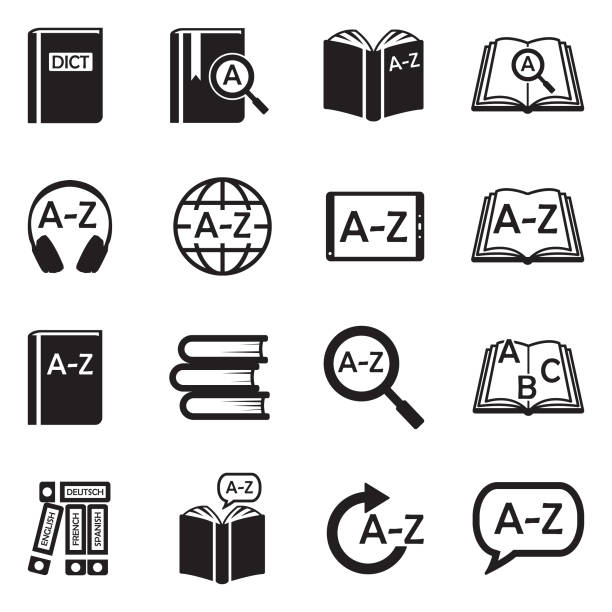 ilustraciones, imágenes clip art, dibujos animados e iconos de stock de diccionario de símbolos. diseño plano negro. ilustración de vector. - diccionario