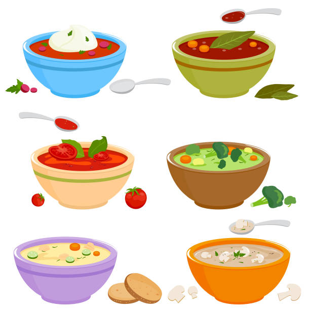 Collection of bowls of different types of soup. Vector illustration Vector set of bowls of soup with vegetables, mushrooms, chicken, Russian borscht soup, tomato and lentil soup on white background. carrot symbol food broccoli stock illustrations