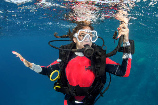istock Scuba diver girl swimming below the water surface 1065334666