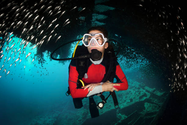 istock Female scuba diver inside a fish school 1065337120