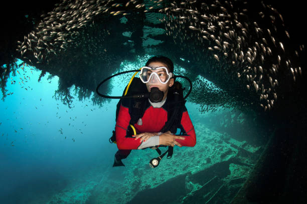 istock Female scuba diver inside a fish school 1065337130
