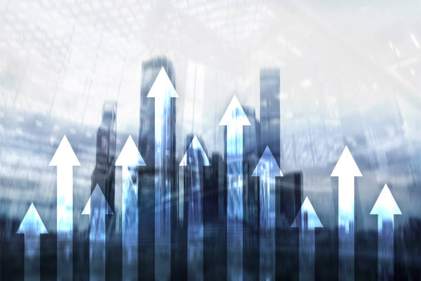 istock Up arrow graph on skyscraper background. Invesment and financial growth concept. 1065344652