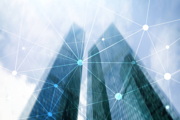 istock Blockchain network on blurred skyscrapers background. Financial technology and communication concept. 1065344864