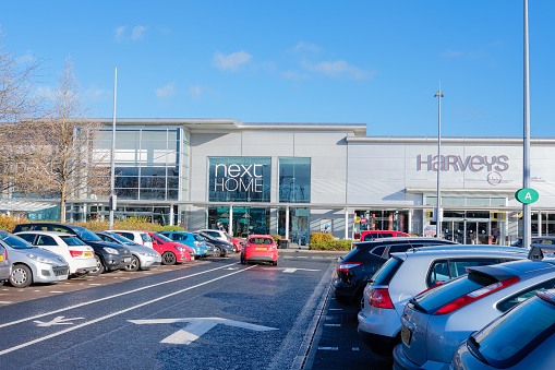 Braehead, Glasgow, UK - November 08, 2018: Braehead retail park and leisure Centre in Glasgow at the run up to Christmas and starting to get busy with shoppers and most of the car parks being full.