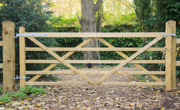 istock 5 Bar wooden gate in a fence leading to a path 1065347938